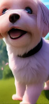 This phone live wallpaper features a small white dog standing on a lush green field, rendered digitally by Pixar