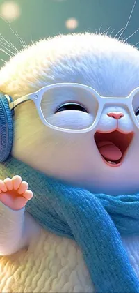 Looking for an adorable phone live wallpaper that's sure to brighten your day? Look no further than this trending image of a charming white rabbit! This whimsical illustration shows the rabbit wearing glasses and a cozy scarf, with a big, infectious grin on its face