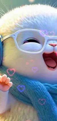 Experience the cuteness overload with this delightful phone live wallpaper featuring a charming white rabbit donning glasses and a colorful scarf