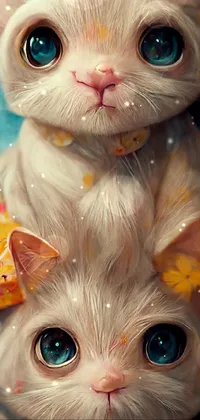 This phone live wallpaper depicts a pair of cats snuggled on top of each other, painted in photorealistic detail