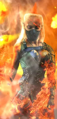 This phone live wallpaper boasts a stunning hyperrealistic image of a woman standing amidst flickering flames in a fantasy world reminiscent of Mortal Kombat