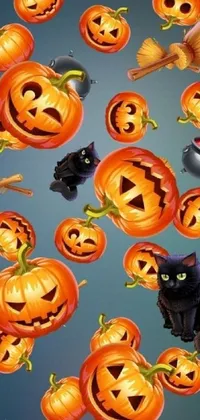 This mesmerizing phone live wallpaper features a sleek and mysterious black cat sitting atop a vibrant pile of pumpkins