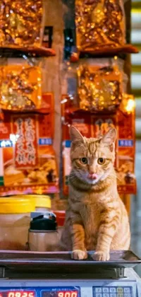 This phone live wallpaper features a cute cat sitting on a scale in front of a store display of food products and spices