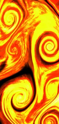 This live wallpaper features a striking blend of orange and yellow swirls set against a glowing fire background