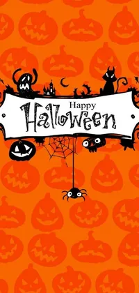 This Halloween live wallpaper features a vibrant orange background with a festive "Happy Halloween" banner
