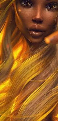 This captivating phone live wallpaper features a close-up digital art image of a blonde-haired woman with long hair, completely surrounded by fiery orange and yellow hues that simulate flames
