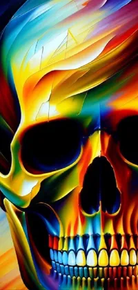 This phone live wallpaper features a stunning airbrush painting of a skull with intricate details and highly saturated colors