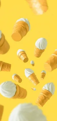 Looking for a vibrant and fun live wallpaper for your phone? Check out this colorful design featuring a multitude of ice cream cones in various flavors, set against a cheerful yellow background