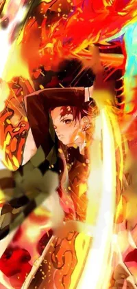Get ready to immerse yourself in the world of anime with this stunning phone live wallpaper! Featuring two beautifully animated characters standing close to each other against a picturesque backdrop, the scene is awe-inspiring! One of the characters is wielding a flaming sword, which creates an incredible aura of flames around her