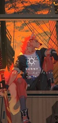This phone live wallpaper showcases a stunning artwork of a furry character perched atop a building with a fiery sunburst backdrop