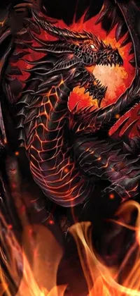 Indulge in an awe-inspiring live wallpaper featuring a blazing red and black dragon amidst a pitch black backdrop