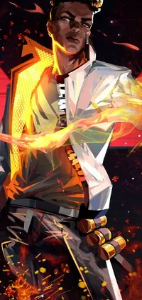 This phone live wallpaper features a striking cyberpunk art of a man standing before a blazing fire with a sword