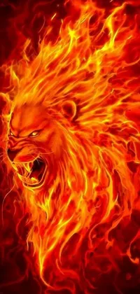 Make your phone screen come alive with this stunning live wallpaper featuring a fiery close-up of a majestic lion with a blazing mane on a black background