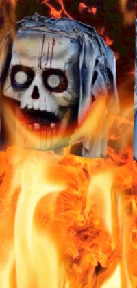 This phone live wallpaper features a fiery backdrop with a skeleton image situated in the center