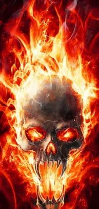 This live wallpaper features a gothic art style depicting a flaming skull set against a black background