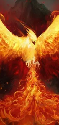 This digital art live wallpaper features a stunning bird flying through the sky amidst swirling flame conjured by a powerful armored creature
