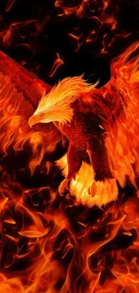 This stunning phone live wallpaper depicts an angry bird in mid-flight with its feathers ablaze, set against the backdrop of fiery flames