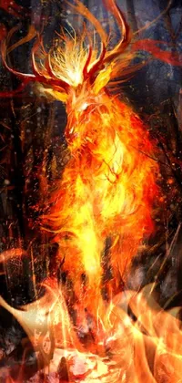 This phone live wallpaper features a striking image of a deer with fire blazing from its antlers