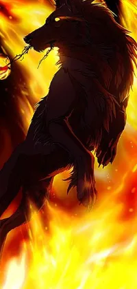 This phone live wallpaper features a majestic horse engulfed in flames, accompanied by fierce hellhounds