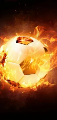 This live wallpaper showcases a soccer ball aflame against a black backdrop
