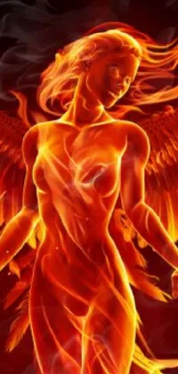 This phone live wallpaper features a fiery angel in flames on a black background