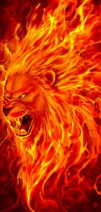 Get the ultimate fiery look with this close-up fire lion live wallpaper! This stunning illustration showcases a majestic fire lion surrounded by red flames on a black background