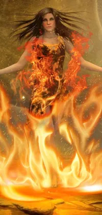 This phone live wallpaper showcases a captivating digital artwork of a fire goddess standing in front of a blazing fire
