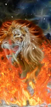 This live wallpaper features an airbrush painting of a lion surrounded by fiery shades of red and orange