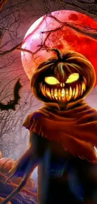 Get into the spooky mood with this phone live wallpaper featuring a jack o lantern and full moon in beautiful digital art