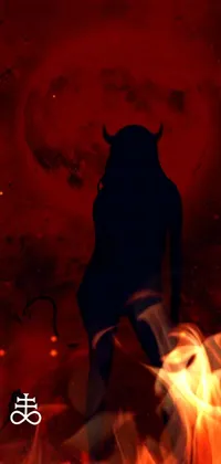 This phone live wallpaper showcases a powerful woman with lush horns, standing before a striking red background resembling an album cover, with intricate details of a demon cat