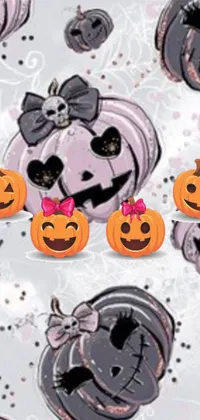 This phone live wallpaper captures the essence of fall with a bunch of cartoon pumpkins sitting on a wooden table