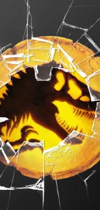 This captivating phone live wallpaper features a close-up shot of a shattered window adorned with a fierce dinosaur design