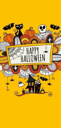 This Halloween-inspired live wallpaper features a vibrant yellow background adorned with cartoon-style spooky creatures such as bats, ghosts, pumpkins, and witches