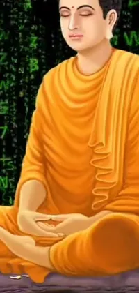 This stunning live wallpaper features a beautifully rendered digital painting of a person meditating in golden tech robes