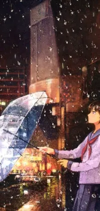 This phone live wallpaper features a beautifully detailed painting of a woman holding an umbrella in the rain