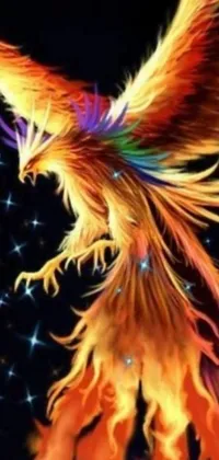This live wallpaper showcases a stunning bird in flight, set against a fantastical background bursting with bright flame colors