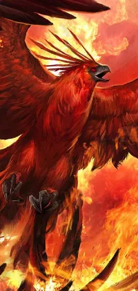 This dynamic live phone wallpaper features an artistic concept design of a bird in flight set against a backdrop of bright red flames, accented with an eye-catching firenado effect