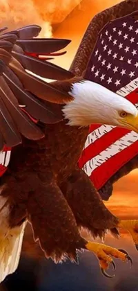 This phone live wallpaper showcases a dynamic and patriotic design featuring a bald eagle soaring against an American flag