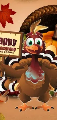 Get in the holiday spirit with this cute and festive Thanksgiving live wallpaper for your phone! Featuring a digital rendering of a playful turkey holding a sign that reads "Happy Thanksgiving", this artwork has a fun, cartoonish style that is sure to put a smile on your face
