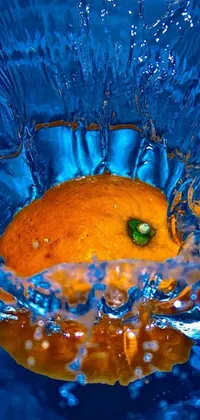This phone live wallpaper showcases a stunning digital art piece featuring an orange floating in a blue bowl of water