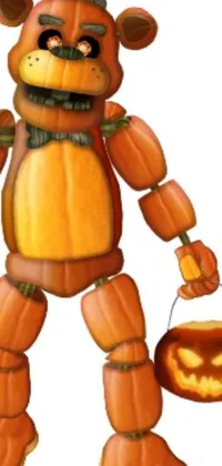 This phone live wallpaper features a unique digital art design that portrays a carriage made of pumpkins alongside a full body mecha suit
