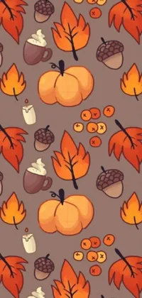 Get into the autumn spirit with this adorable cartoon wallpaper featuring leaves and acorns