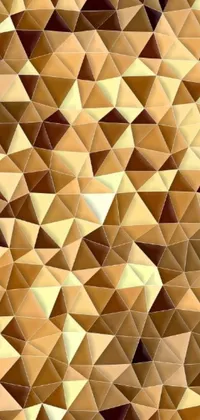 This phone live wallpaper features a captivating pattern of triangles arranged in a mosaic-like pattern, with warm tones of brown and occasional pops of color creating an ever-changing display of depth and texture on a light brown wall