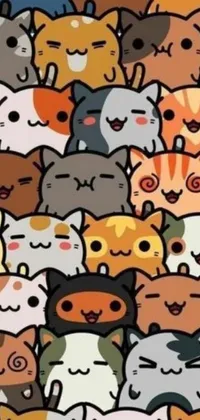 This cat-themed live wallpaper for phones features a large and colorful group of felines in realistic style, standing together against a vibrant, patterned background