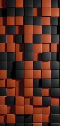 This dynamic and modern live wallpaper features black and orange cubes arranged in a striking geometrical pattern against a red wall and roofing tiles texture background