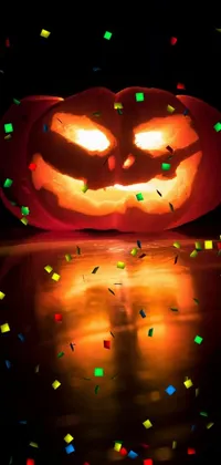 Get ready for Halloween with this menacing live phone wallpaper! It features a high-resolution image of a lit-up pumpkin on a table, surrounded by an eerie glow