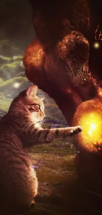 This live wallpaper depicts a charming ginger cat standing next to a massive tree