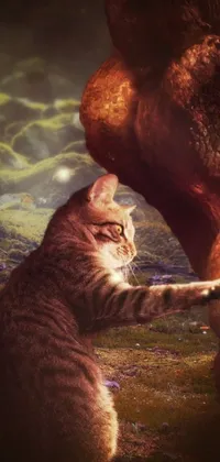 This digital art phone live wallpaper features a playful cat playing with a colorful ball and casting mystical spells in a stunning fantasy landscape
