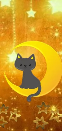 This phone wallpaper showcases a furry black cat perched atop a bright, yellow crescent moon backed by a serene, starry night sky