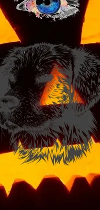 A stunning live wallpaper featuring a lifelike digital painting of a dog's face on a pumpkin with fiery flames in the fur